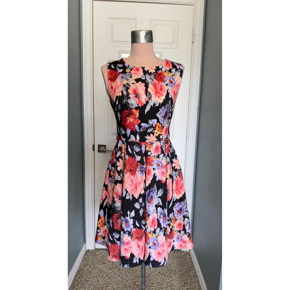 Betsey Johnson Dress Floral Full Skirt Fit & Flare Black Pink Women Sz 2 Zip Up